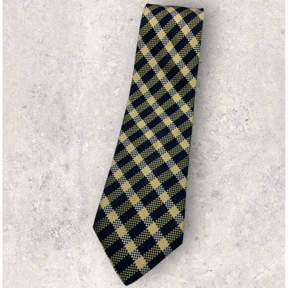 FAÇONNABLE Silk Tie FRANCE Navy Gold Tartan W:3.8" EUC - Picture 1 of 6